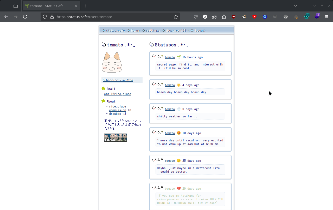 A styled status cafe profile page (from rice.place)